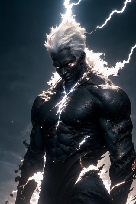 26072311-1650465323-black humanoid made of rock, upper body, barechested, male,  ((masterpiece, best quality)),  , cracked skin, white electricity c.png
